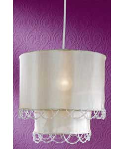 Cream silk finish non-electrical pendant with clear acrylic beaded trim.Easy to fit.Drop 30cm.Shade 