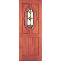 Stained hardwood external dowelled door with decorated print design glass, 4mm thick glass -