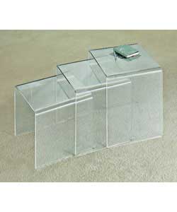 Size of largest table (H)40.5, (W)33, (D)40cm.Set of 3.Clear acrylic.Weight 9.5kg.