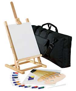 Includes 12 watercolour paints, 12 watercolour sheets of paper,.6 taklon brushes, table top easel, 1