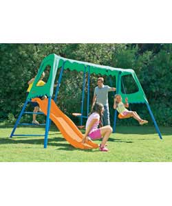 Features unique sun canopy, 2 child glide rider, adjustable swing and space-saving built-in wavy