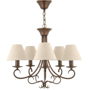 A traditional chandelier style 5 arm pendant with a bronze finish and oatmeal coloured shades