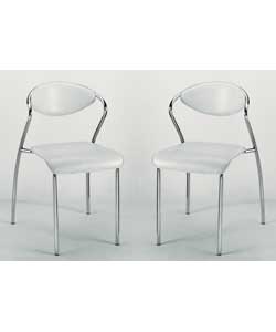Size (W)48, (D)50, (H)79.5cm.Pair of Acura dining chairs with chrome metal frames and a white leathe