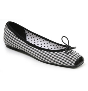 Square toe canvas pumps with all over gingham print. The Adeck shoe features patent toe cap, bow det