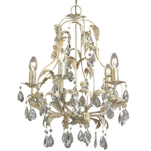 A five arm chandelier with ivory and gold coloured