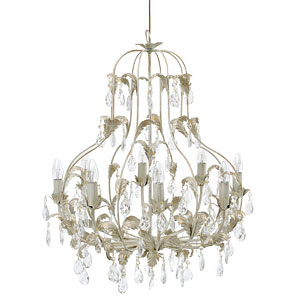 An eight arm chandelier with gold coloured, leaf-s