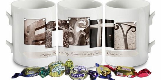 Personalised 50 Mug This Personalised Fifty Mug uses architectural images to create letters! The images spell out Fifty and you can personalise the bottom with a message up to 50 characters. Please take your spelling carefully! Do not use all capital