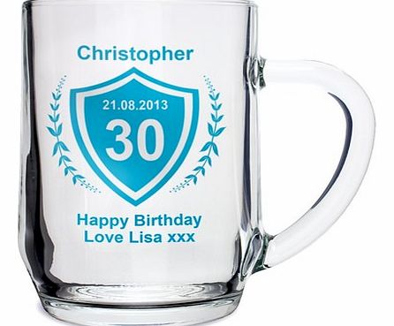 Birthday Age Crest Glass Tankard Personalised Age Crest Tankard! Item takes  5 working days   to make, before it can be sent out for delivery . Personalise this Age Crest Tankard with a name of 12 characters, then a date and age in the crest. You can