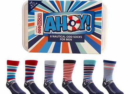 Ahoy! Stripy Nautical Theme oddsocks.Ahoy there, fancy wearing some colourful, stripy, funky odd socks on your feet? Well now you can with a box of Ahoy! Nautical Style Odd Socks for Men.The set contains six completely unique odd socks, all designed 