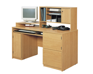Contemporary workcentre with a Scandinavian design influence. Overhead storage hutch with