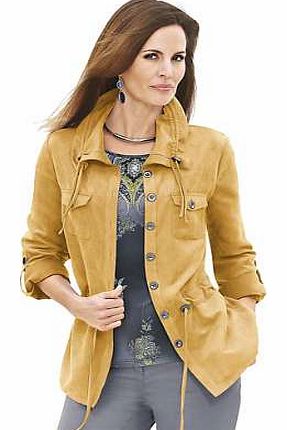 This faux Suede jacket with velvety soft feel makes for a versatile fashion accessory! It has long sleeves that can be rolled up to three-quarter length and which fasten with a tab and button. The jacket has a drawstring collar and waist for individu