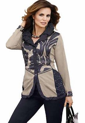 This blouse has a real wow factor! The opulent, gathered taffeta collar, floral design on the front and on the cuffs, and the crushed look and side lace trims make this blouse a fashion highlight. With a button panel and hem in contrasting black. Ale
