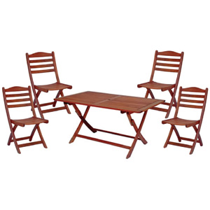 Take the dining room outdoors with this attractive karri table and chair set. The furniture folds up
