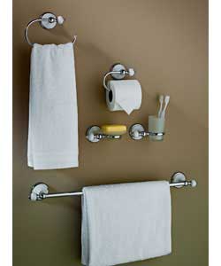 White and chrome plated finish.Includes 24in towel bar, towel ring, tumbler holder, soap dish and to