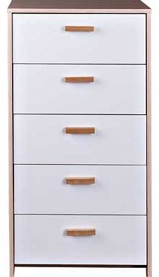 Part of the Alicia range. this stylish tall chest of drawers brings a touch of class with its white high drawer fronts and subtle light oak finish sides. It has smart easy glide metal drawer runners and wooden handles that add definition to the overa