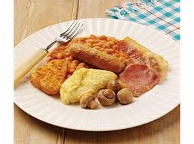 A classic combination of back bacon, delicious pork sausage, plain omelette, baked beans, hash brown and button mushrooms.