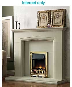 White stone effect surround with inset brass effect electric fire.Spinner flame effect with coal fue