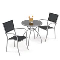 Aluminium bistro table with black print glass and 2 x stacking chairs. Features aluminium silver