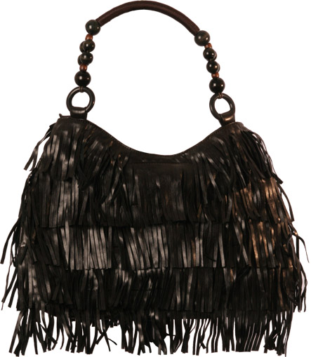 Large saddle handbag with cut fringing detail and wooden beaded handle. 100 polyester and PVC exteri
