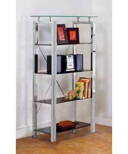 5 tier shelving unit with chrome metal frame and five non-adjustable glass shelves. Top shelf in