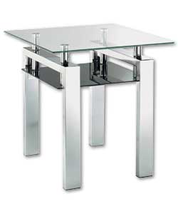 Chrome/black frame with clear glass shelves. Size (L)55, (W)50, (H)51cm. Packed flat for home