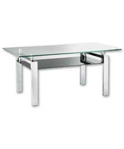 Chunky coffee table with chrome metal legs and frame with a clear glass table top and black glass