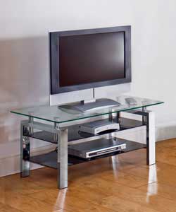 Chunky TV unit with chrome metal legs and frame wtih clear glass table top and two black glass