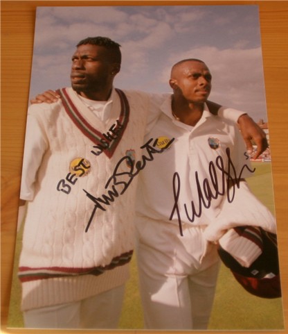 Signed in black pen by the West Indian legends Courtney Walsh and Curtley Ambrose  measuring 9 x 6