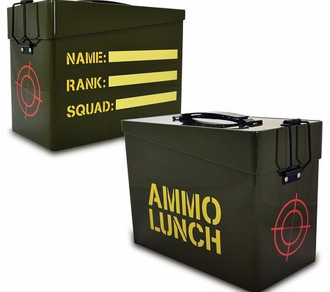 Ammo Lunch Box The Ammo Lunch Box is a metal lunch tin that looks like an ammo box! It measures around 20.1 cm x 10.4 cm x 14.7 cm and features a plastic carrying handle. This tin box is hand wash only and has great military style detailing! It makes