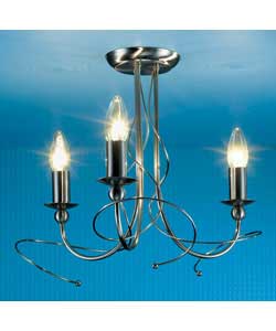 Brushed chrome finish with scroll detailing.Drop 32.5cm.Diameter 40cm.Requires 3 x 60 watt max SES c