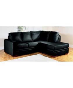 Contemporary style corner group in corrected grain leather.Fibre-filled back cushions.Suitable for
