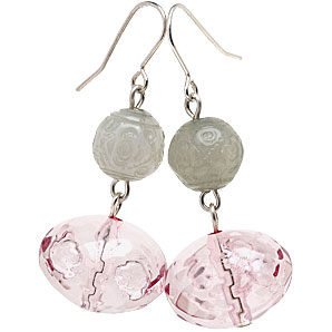 Rose tinted cut glass drop earrings with olive gre