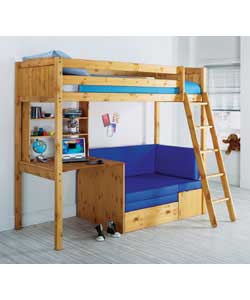 Unbranded Antique Pine High Sleeper - Comfort Mattress/Blue Sofabed