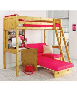 Unbranded Antique Pine High Sleeper - Sprung Mattress/Fuschia Sofabed