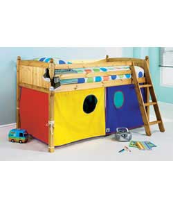 Antique stained solid pine mid sleeper with a slanting ladder and play tent. Includes sprung mattres