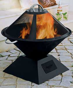 Black enamel firepit and sparkguard.Deep fire bowl and slide out ash collector.Poker included.Size (
