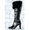 Faux patent leather uppers with distressed finish. Faux fur detail, decorative silver coloured chain
