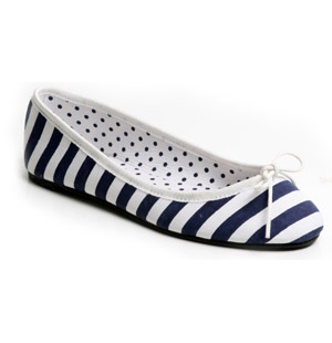 Round toe ballerina style canvas pump with all over navy stripes, bow detail and polka dot printed l