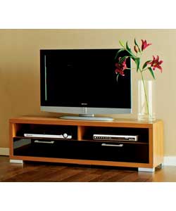 Overall size (H)38.5, (W)124.9, (D)38.9cm.Walnut finish with black high gloss fascias on drawers.Int