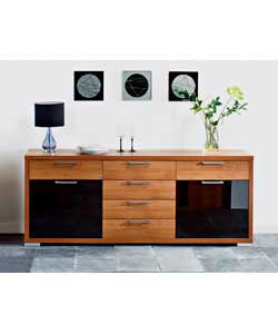 Size (H)71.5, (W)180, (D)39.6cm.Walnut finish with 2 black high gloss doors. 2 loose shelves and 2 b