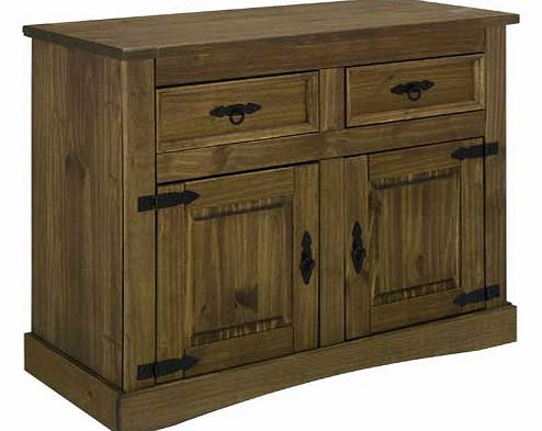 This beautifully designed. conventional sideboard from the Aruba collection is both robust and stylish. With its tasteful solid pine wood complemented by antiqued style handles creates an elegant feel. Built in shelving allows you to help keep clutte