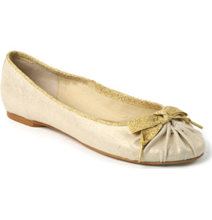 Aurely, round toe metallic linen flat pump with ruche detail, gold bow and seam detail. Lining: leat