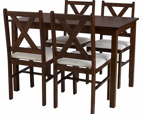 This gorgeous walnut stained dining table and chairs from the Ava collection will bring a warm. stylish look to your dining room. The tabletop is made from a rubberwood veneer with a walnut stain finish and the 4 chairs have solid wood frames with cr