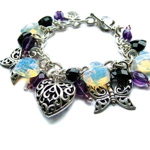Silver Charm Bracelet with Filligree Heart, Onyx, Opalite and Amethyst