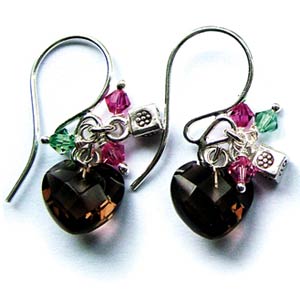 Silver earings with Smoked Quartz faceted hearts and semi-precious stone clusters.Azuni run a