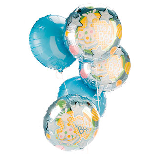 Welcome a new born Baby Boy into this big wide world with this lovely bouquet of five floating 45cm 