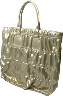 Bace2, large metallic shopper bag with ruche detail and gold hardware. Featuring a clasp fastening c