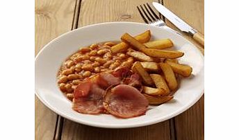 A classic dish of baked beans and chips topped with two tasty rashers of bacon.