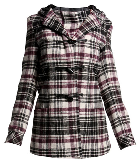 Checked duffle jacket with hood. 35 Wool 30 Acrylic 40 Polyester, Length 97cm at back.