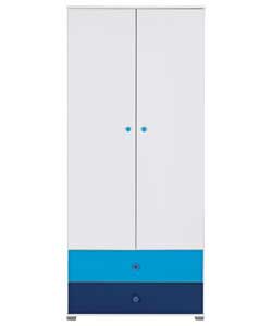 Size (H)188, (W)82, (D)51cm.White foil finish with dark and light blue fascias.1 double hanging rail